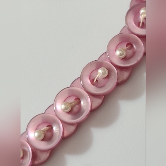 Set Vintage 80's button necklace earrings pierced pearls lavender purple handmad - Picture 3 of 10